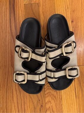 Flattered Black Leather Slide Sandals with Gold Buckles